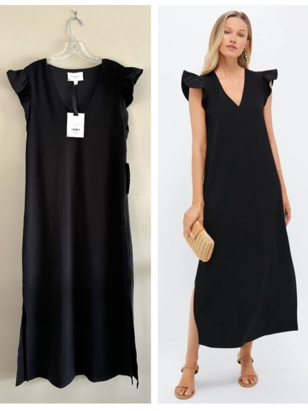 Pomander Place Black Flutter Sleeve Miko Dress, L, Elegant Versatile